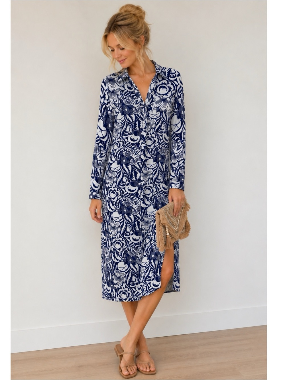 ZARA Blue & White Coastal Floral Midi Shirt Dress Size Large Collared Pockets